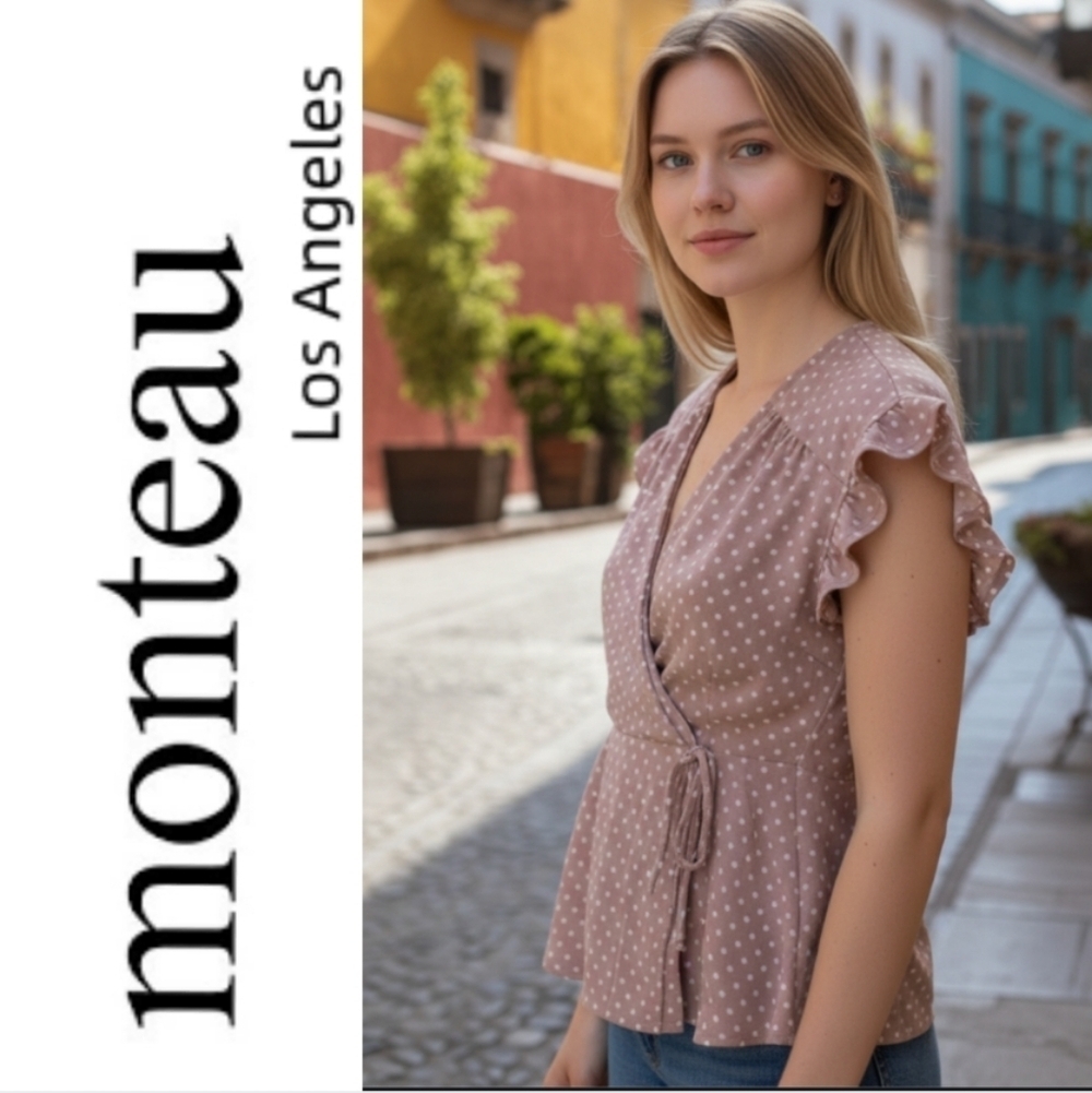 Monteau ModCloth pale pink polka dot wrap blouse top with belt tie